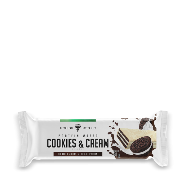 Wysokobiałkowy wafelek o smaku waniliowym oblany białą czekoladą PROTEIN WAFER COOKIES & CREAM